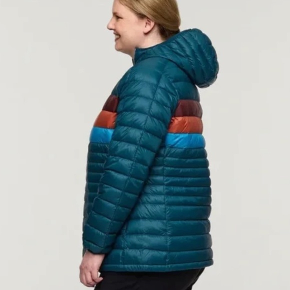 NWT: Cotopaxi Women's Fuego Hooded Down Jacket Green Blue Abyss Stripes - Med - Picture 4 of 7